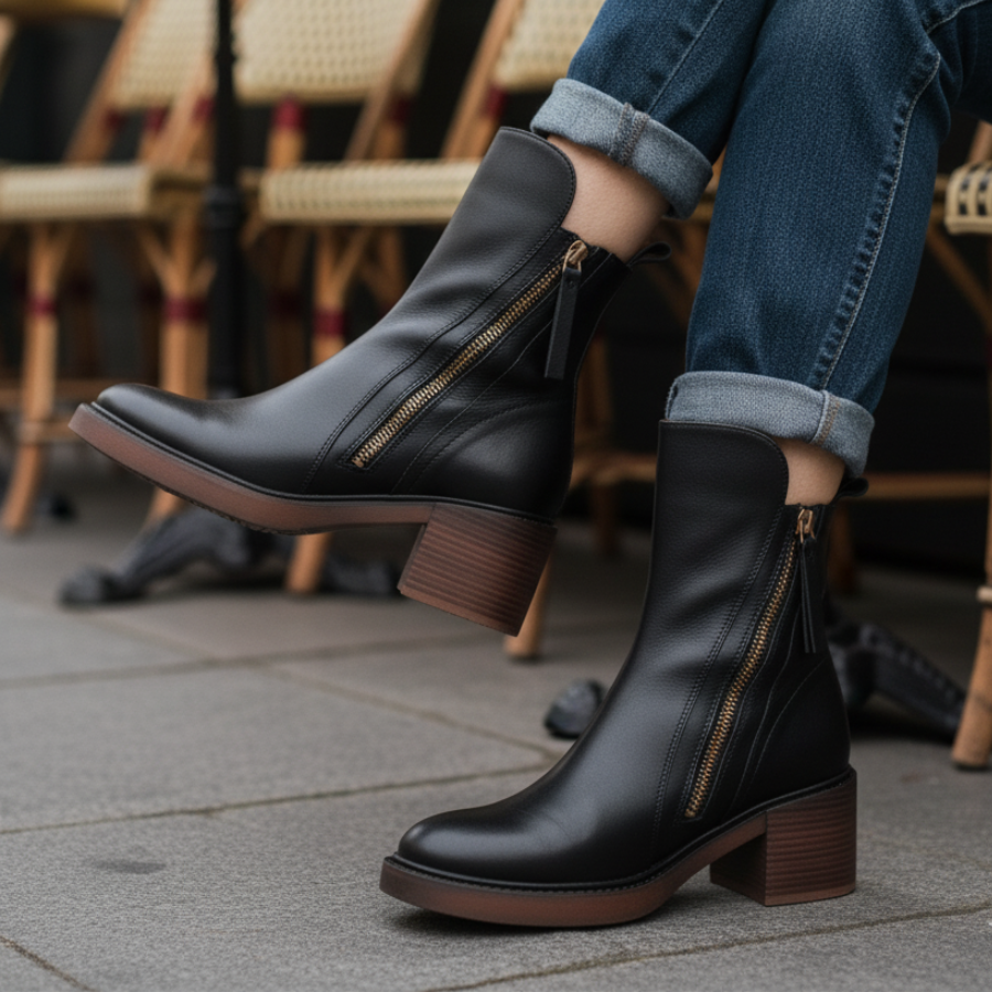 Élisabeth | Botte en cuir noire avec un talon confortable, élégante et intemporelle