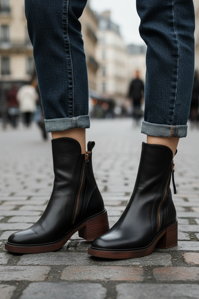 Élisabeth | Botte en cuir noire avec un talon confortable, élégante et intemporelle