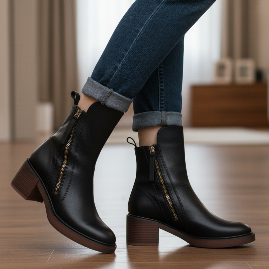 Élisabeth | Botte en cuir noire avec un talon confortable, élégante et intemporelle