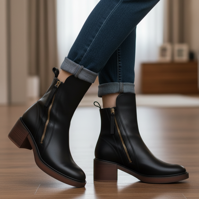 Élisabeth | Botte en cuir noire avec un talon confortable, élégante et intemporelle