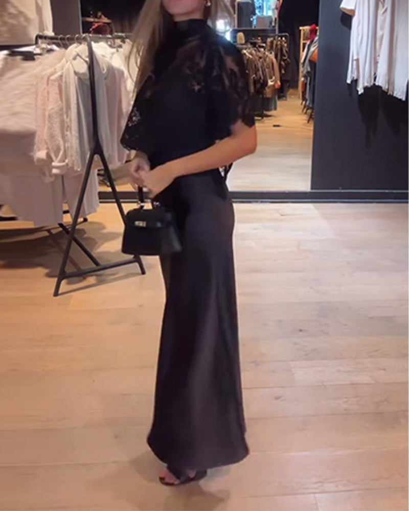 Élina - Ensemble Blouse En Dentelle Et Résille Avec Robe Nuisette Drapée