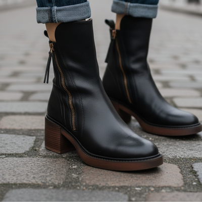 Élisabeth | Botte en cuir noire avec un talon confortable, élégante et intemporelle