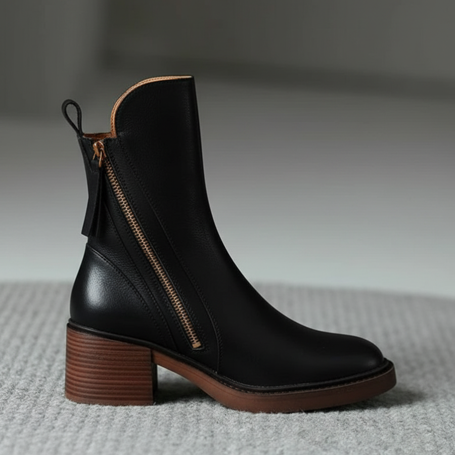 Élisabeth | Botte en cuir noire avec un talon confortable, élégante et intemporelle