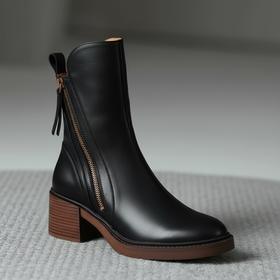 Élisabeth | Botte en cuir noire avec un talon confortable, élégante et intemporelle
